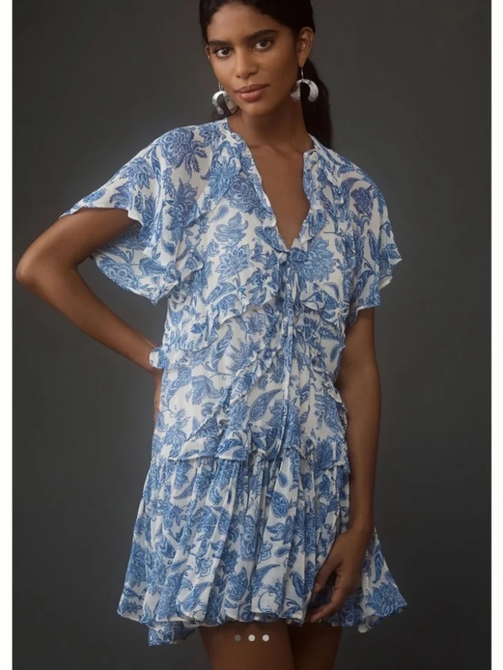 Anthropologie Maeve blue white floral ruffle mini dress Size XS‎